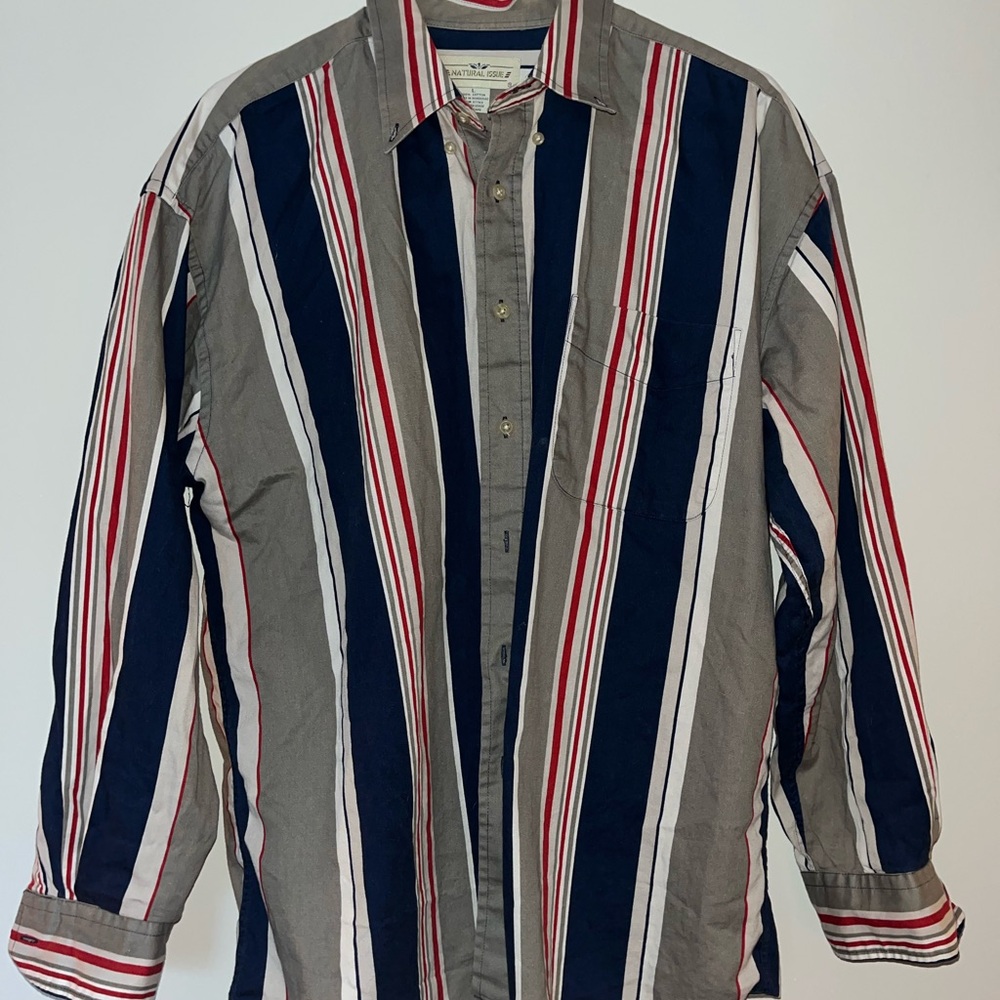Striped Vintage Natural Issue Long-Sleeve Button-Down Shirt - Navy/Gray/Red